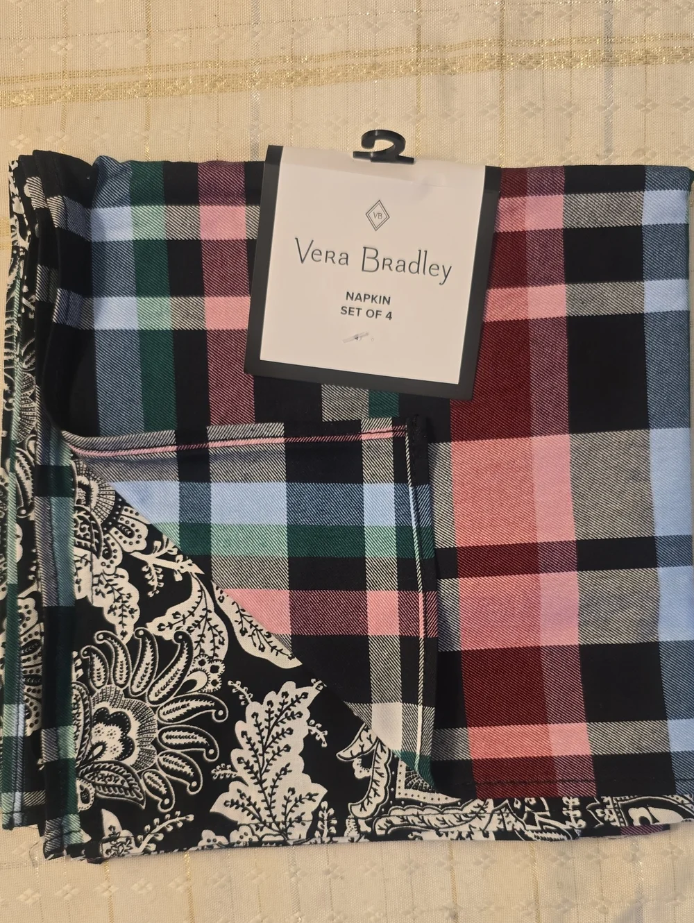 Vera Bradley Set Of 4 Napkin Set Ribbons Plaid & Paisley 100% Cotton New